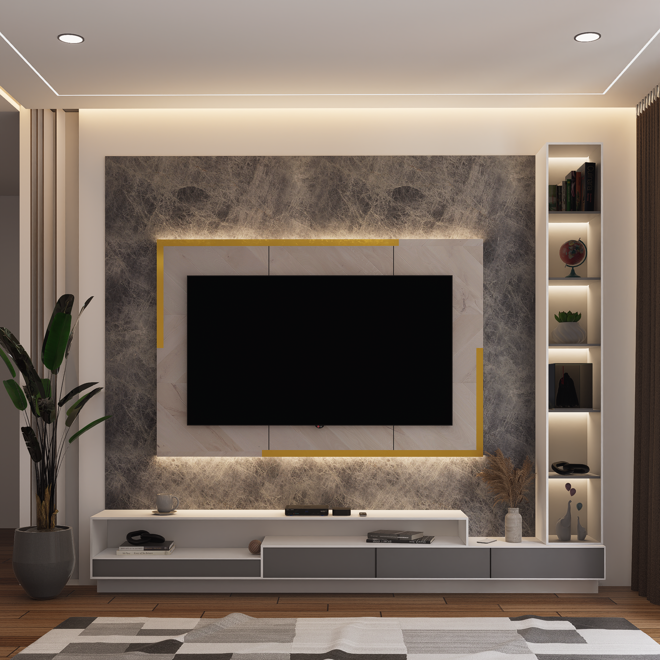 Primer dnevne sobe z LED osvetlitvijo stropa in polic